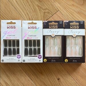 NWT Bundle of KISS Press-On Nails 2 Jelly Black Translucent + 2 French Mani Gem